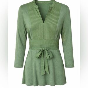 Boden Green Pintuck Top Size 10 Viscose Silk Blend Tie Back 3/4 Sleeve